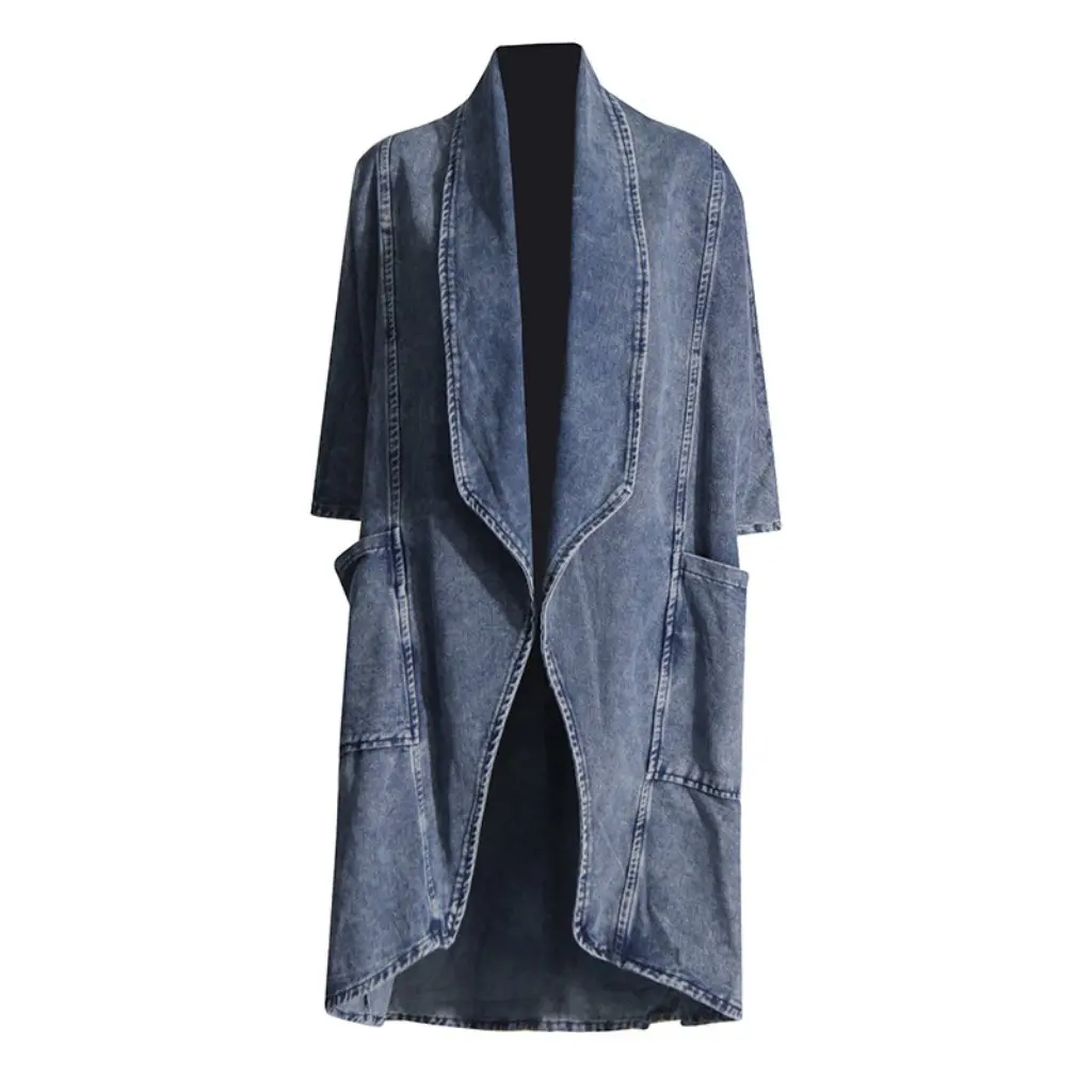 

Women's Korean Style Casual Loose Denim Jacket Mid-Length with Large Pockets Stitching Design New Fashion Outerwear