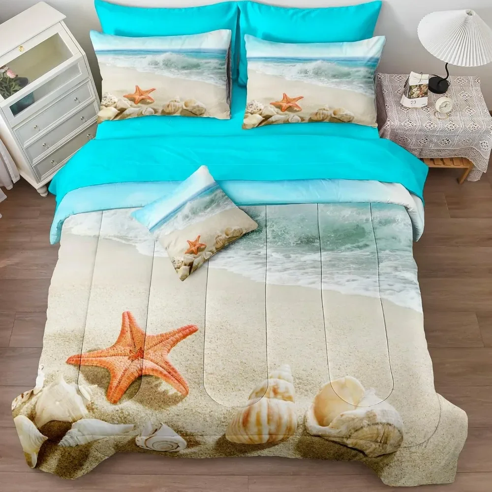 

Bed Set with Sheets Beach Themed Ocean Turquoise in A Bag 8 Pcs Summer Lightweight, Easy Care, Bedding Comforter Set