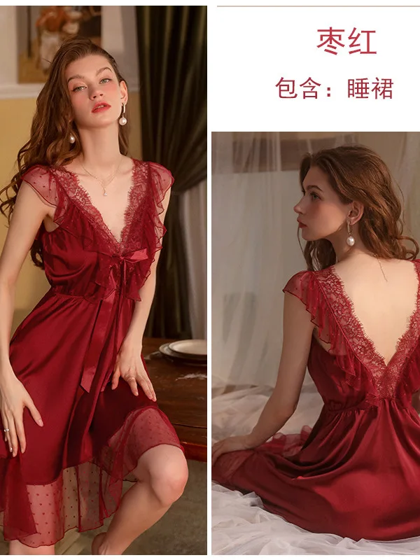 New Sexy 2023 Plus Chest Cushion Gather Mature Elegant Dress Open Back Wave Dot Mesh Suspended Dress Women\'s Home Dress A6YU