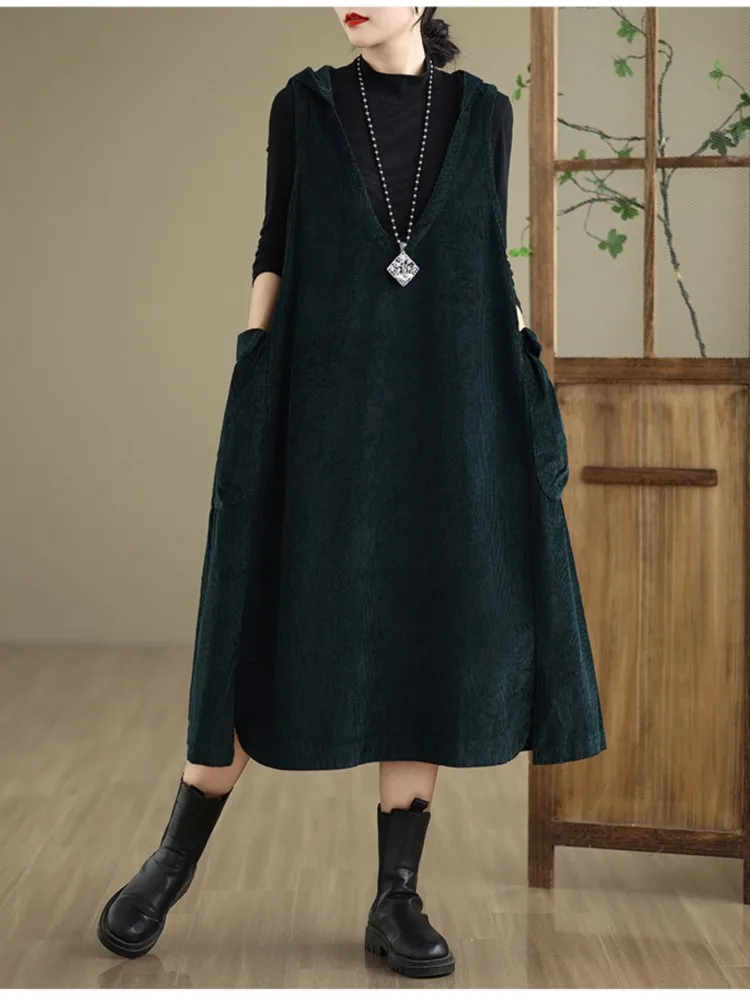 Oversized Corduroy Autumn Sleeveless Vests Hooded Dress Women Ruffle Pleated Fashion Ladies Vests Dresses Loose Woman Long Dress