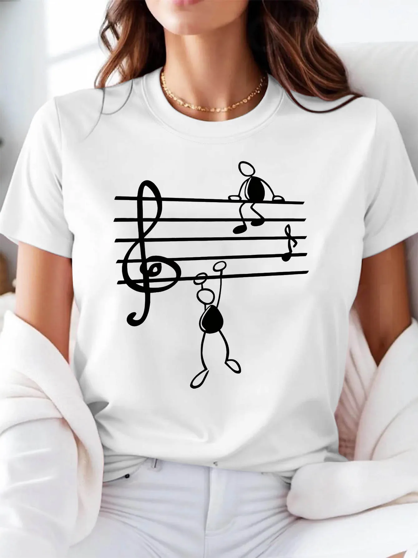 Music Fun Clef Stick Figure Graphic Print Women's Spring Sleeve Crew Neck Daily Leisure Holiday Sleeved Harajuku Streetwear