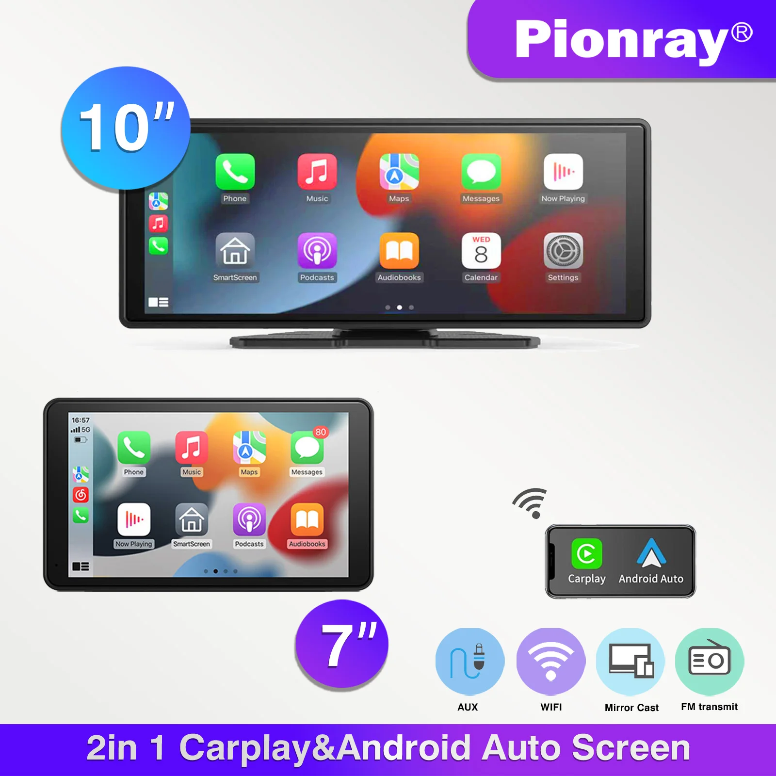 

Универсальный портативный экран CarPlay Pionray для автомобиля, Android Auto, Wi-Fi, видео, беспроводное зеркальное соединение