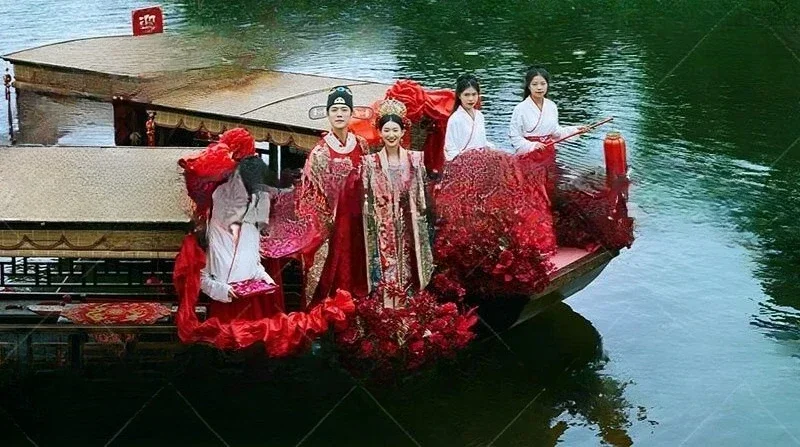 Wooden boat antique hand rowing electric scenic spot sightseeing catering double canopy catering tourist reception