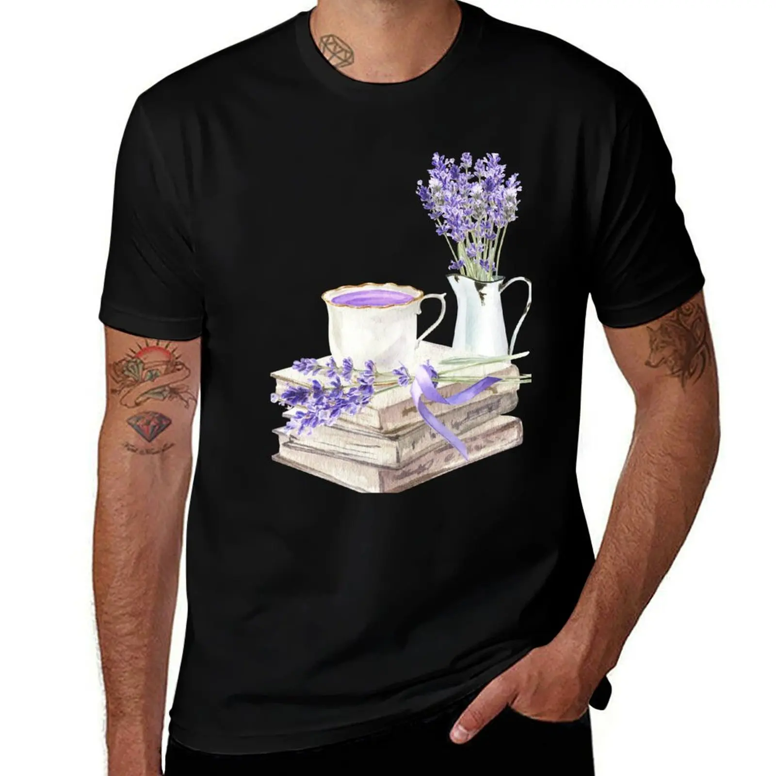 Book and Lavender with Cup of Coffee or Tea T-Shirt Work Wear Short Sleeve T-Shirt