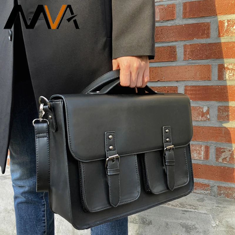 

MVA Business Men's British Korean Briefcase Designer PU Leather Tote Bag Men's Shoulder Laptop Bags Black Travel Messenger Bag