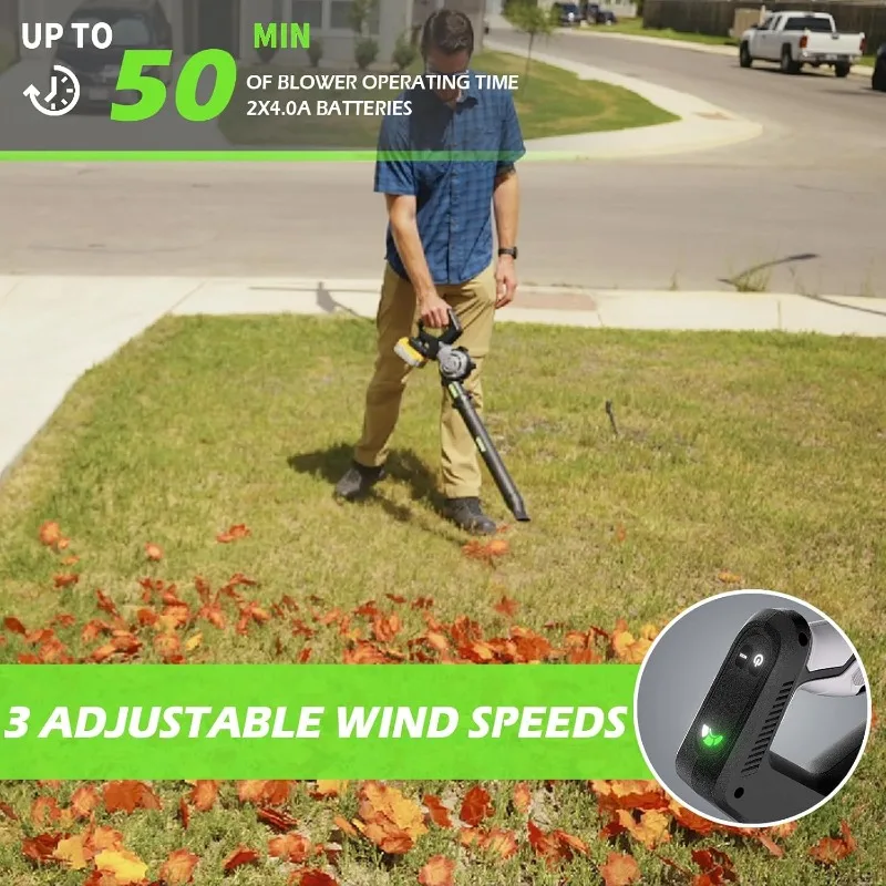 2 x 21V 4.0Ah Battery and Charger, 3 Speed Mode, 160 MPH 180CFM Lightweight Battery Powered Leaf Blower for Lawn Care