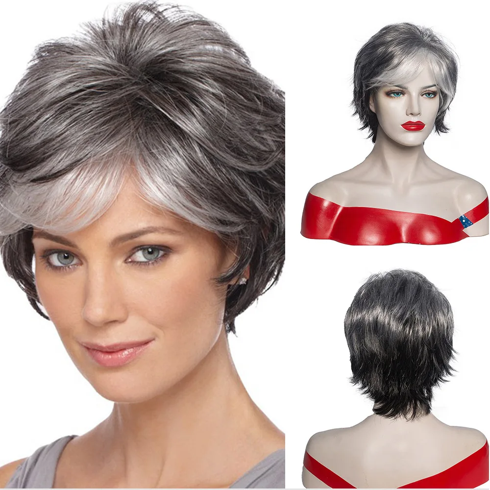 

Synthetic Hair Middle Old and Elderly Women Straight Hair Wigs Silver Grey Micro Roll With Bangs Daily Use Cosplay Hair Wigs