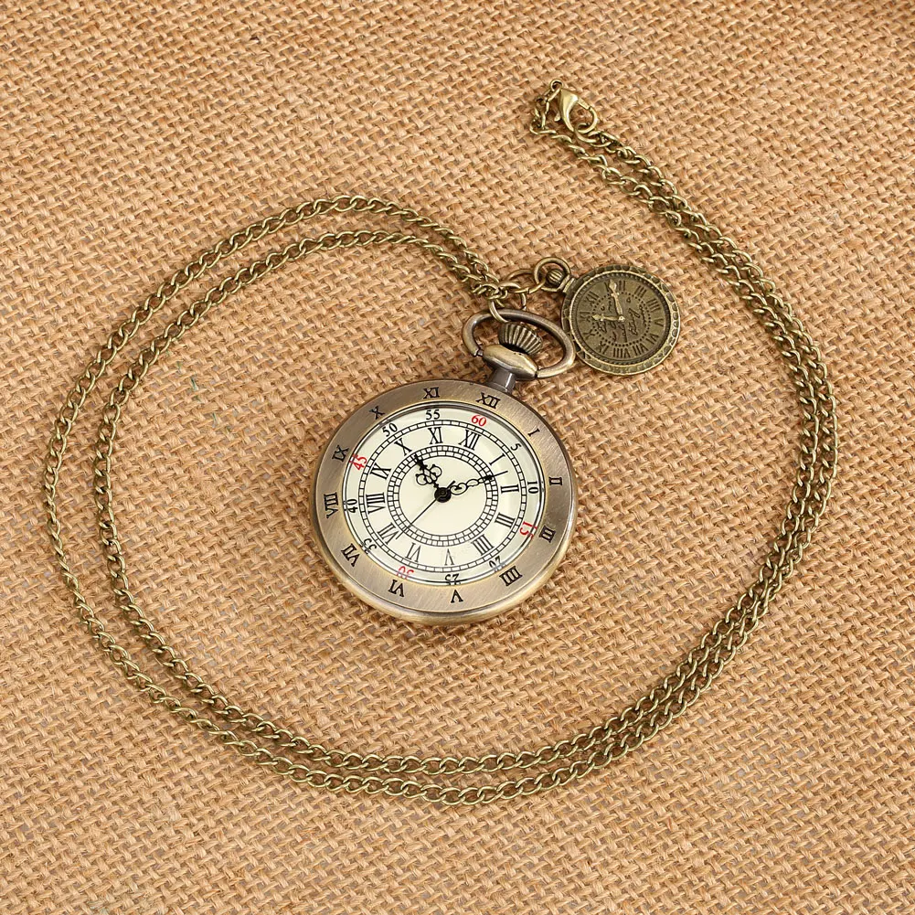 Orologio da tasca al quarzo con quadrante aperto numeri romani Display analogico ciondolo bronzo Retro orologio collana catena reloj con accessorio orologio