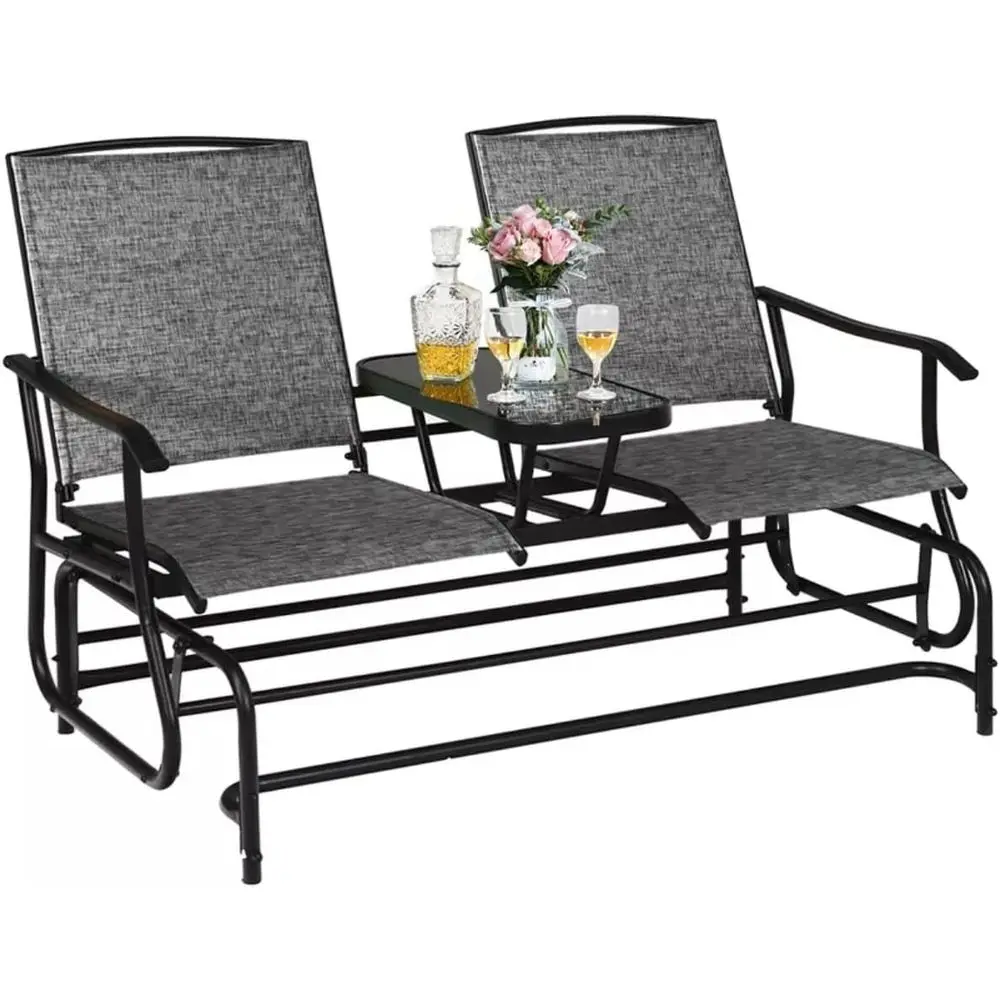 

2-Person Patio Swing Glider with Glass Table, Steel Frame, and Mesh Fabric for Outdoor Relaxation (Grey)