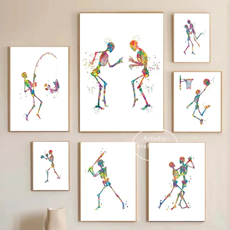 Pintura en lienzo de esqueleto humano divertido, impresiones de arte de anatomía, imágenes médicas, póster de baile retorcido, regalo ortopédico, decoración de la habitación de la Oficina