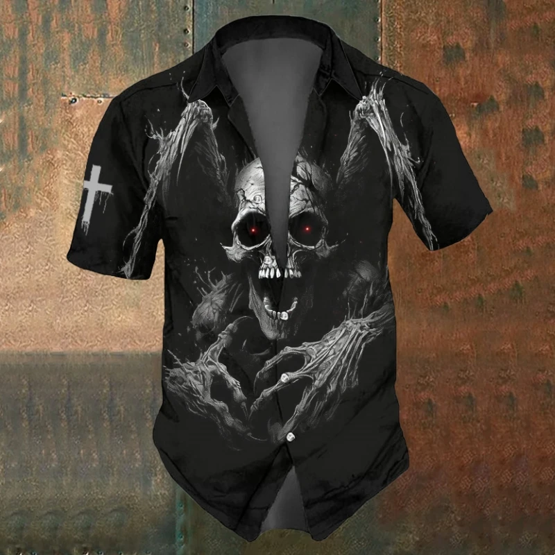 

Horror Skull Print Men's Shirts Summer Quick Dry Short Sleeve Shirt For Men Skull Shirts Street Fashion Oversized Black T-Shirt