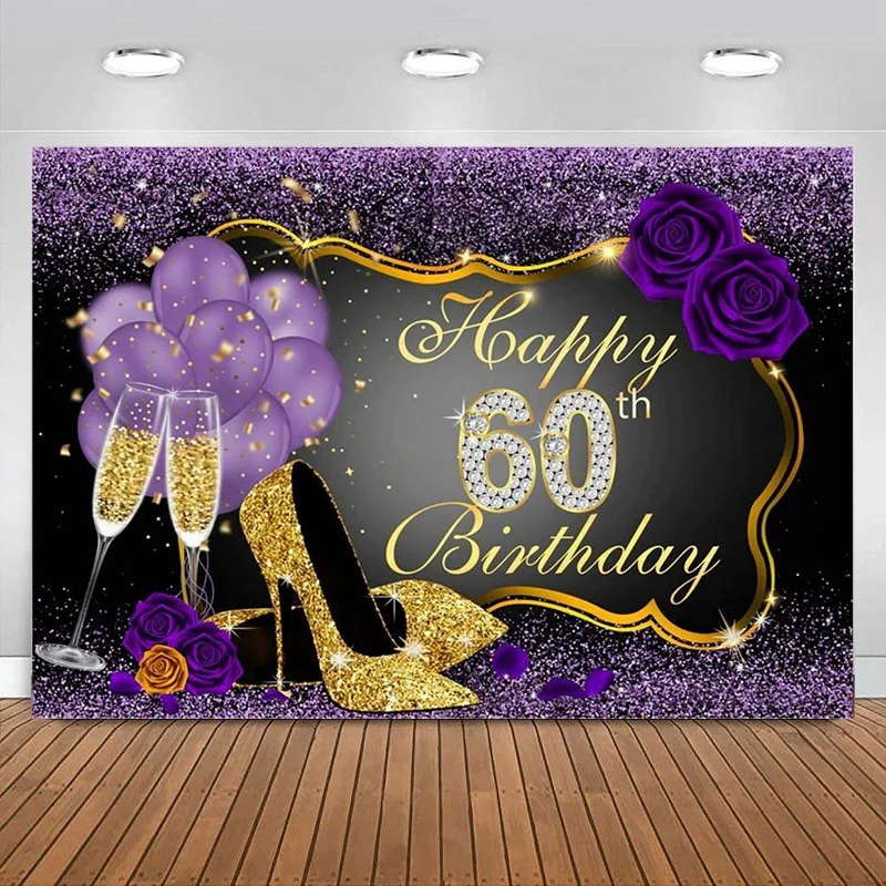 Happy 60th Birthday Photography Backdrops Shining Purple Background Party Decorations Rose Floral Heels Champagne Glass Banner