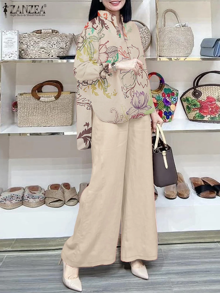 

ZANZEA Wide Leg Trouser Floral Print Top 2pcs Outfits Loose Casual 2025 Spring Streetwear Trendy Pant Sets Holiday Women Suits