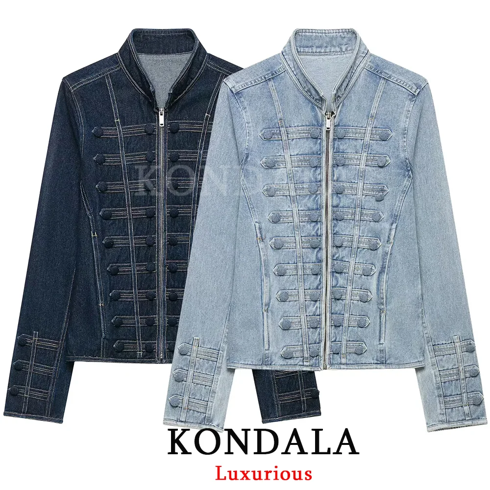 KONDALA Vintage Casual Chic Women Denim Jacket Button O-Neck Long Sleeve Jacket Fashion 2026 Fall Holiday Streetwear Jacket