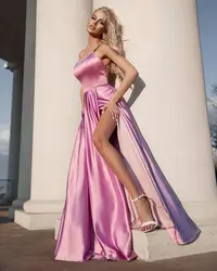 A-line Cowl Neck Prom Dress Satin Gown With Strappy Lace Up Back And High Skirt Slit Floor Length Formal Wedding Long Dresses