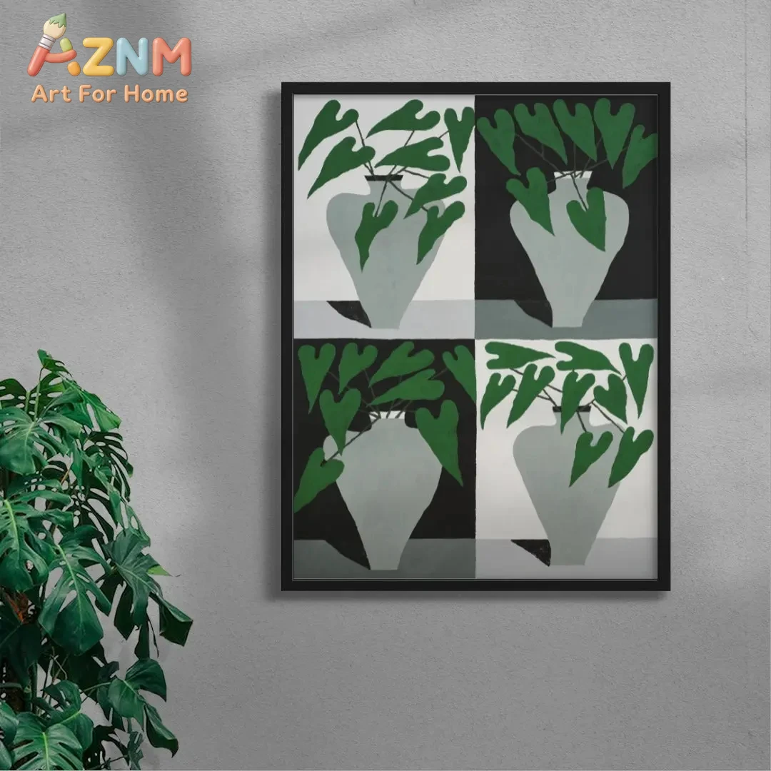 

Monochrome Grid Vase & Heart Leaf Plant Framed Wall Art - Modern Botanical Still Life Print