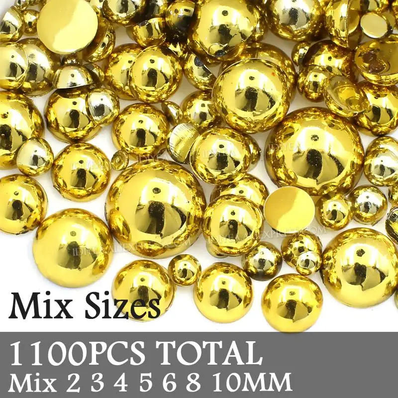 Shiny Gold Silver Mix Sizes 2mm-10mm Half Round Beads Imitation Pearl ABS Resin Flat Back Glitters For DIY Nail Craft Decoration