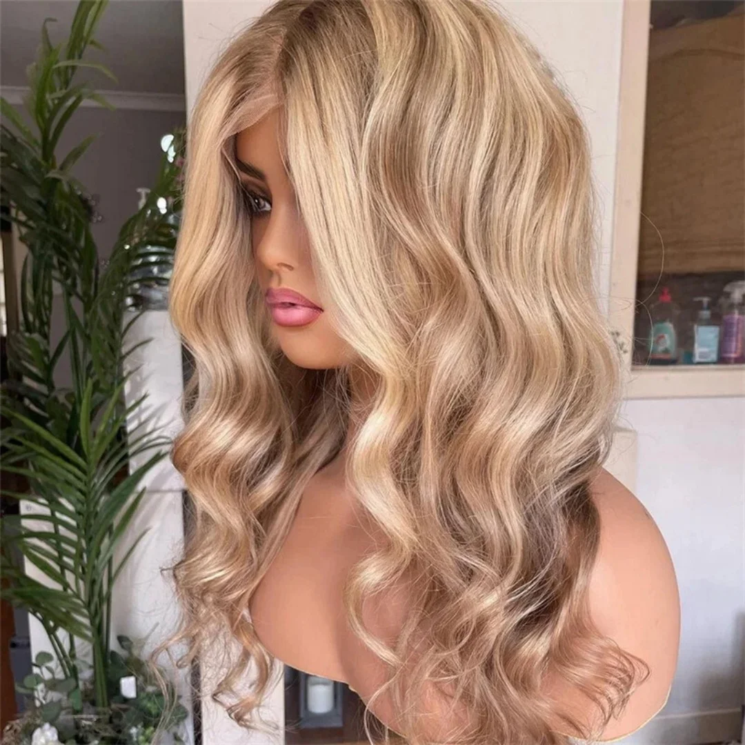 วิกผมสังเคราะห์สีบลอนด์น้ำผึ้งสำหรับผู้หญิง ทรงลอนลึก ยาวเต็มศีรษะ วิกผมลูกไม้โปร่งใส HD 13*4 สำหรับคอสเพลย์