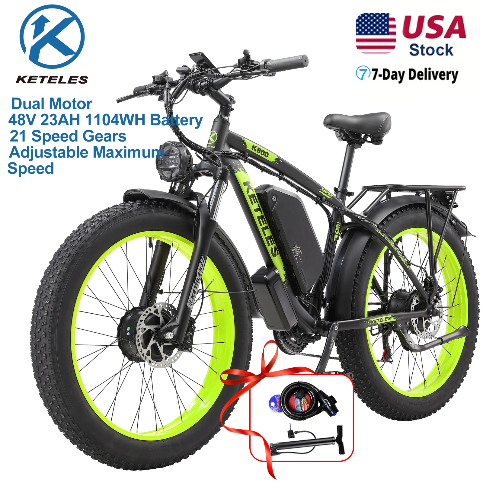 KETELES 26'' Adult Electric Bicycle 4000W Dual Motor 21-Speed E-Scooter 48V 23AH Removable Lithium Battery Brushless Motor 32mph up to 70 Miles Full Aluminum Frame Ebike image 3