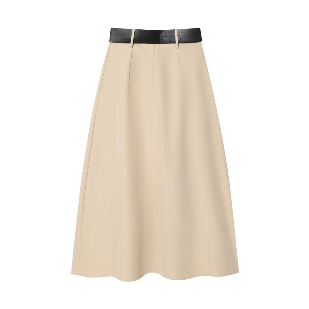 Herfst nieuwe dames hoge taille geplooide A-lijn lange rok met tailleriem mantelstijl MIDI midi rok