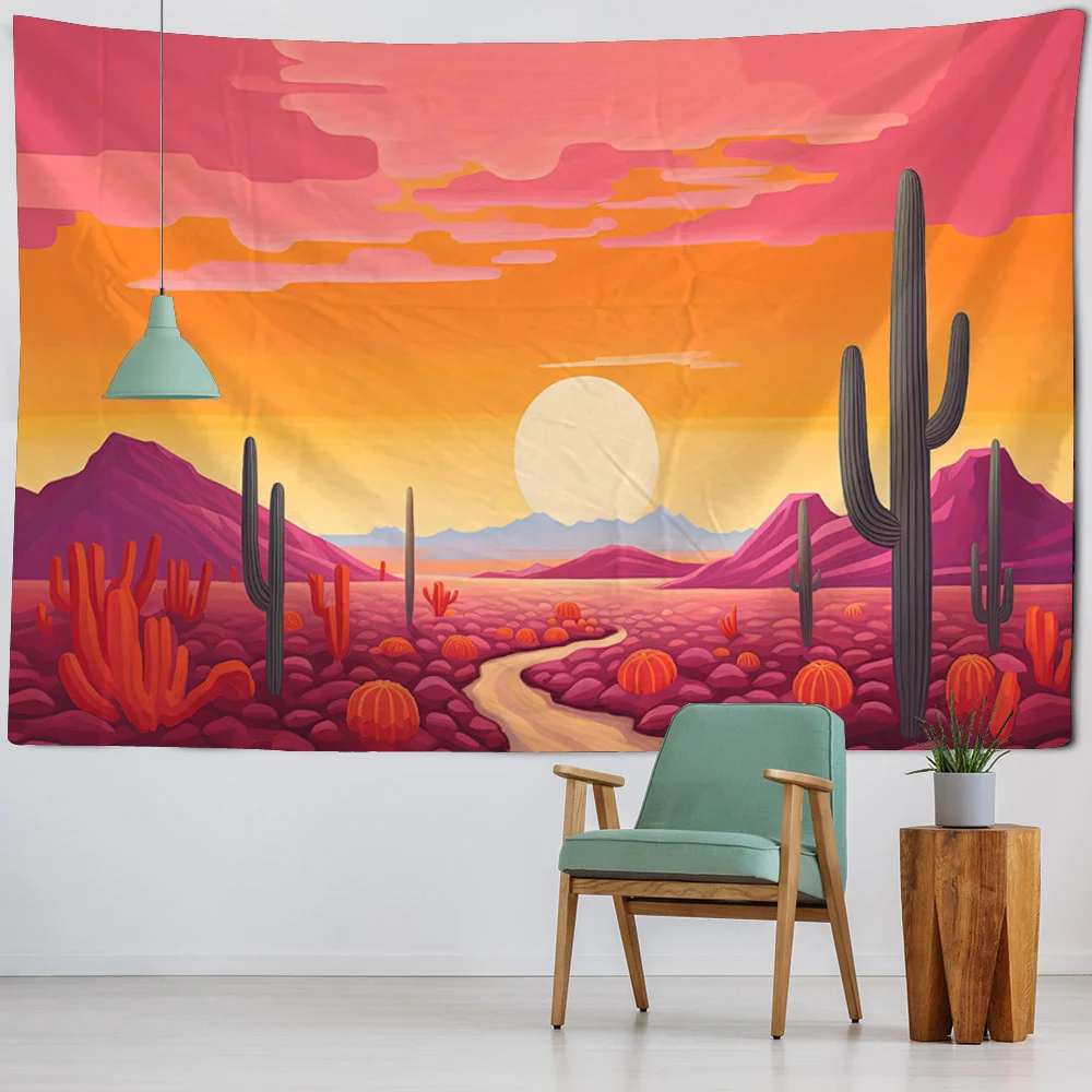 Cartoon cactus tapestry, colorful sunrise scenery wall hanging bedroom and dormitory decoration Kawaii aesthetic wall decoration