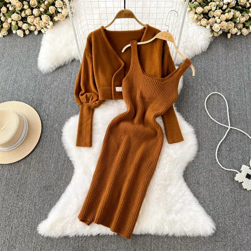 

Vintage Quality Lantern Long Sleeve V-Neck Knitted Cardigan Coat Two-Piece Vest Bottom Dress Set Women Fashion Slim Outfit T1436