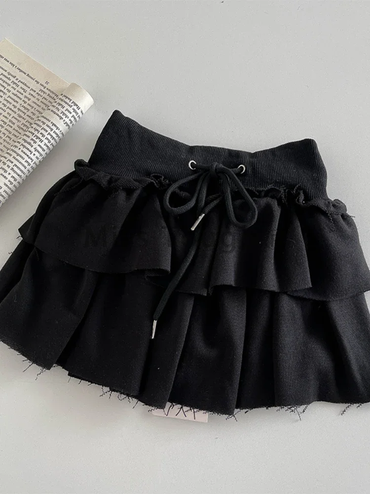 Fashion Casual Solid Elastic Waist Short Skirt Women Design Chic Loose Ruffle High Waisted Skirts Female Cute Thin Sports Skirt