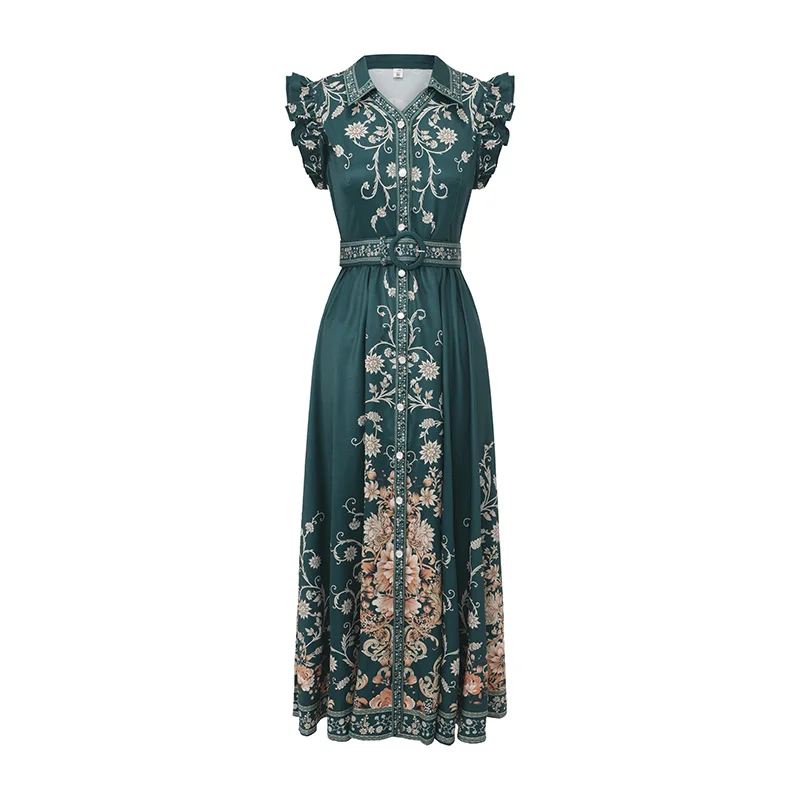 

Summer 2026 Women's Retro Print V-Neck Belted Dress Vintage Party Long Vestidos with Flying Sleeves Runway Fashion Single Breast