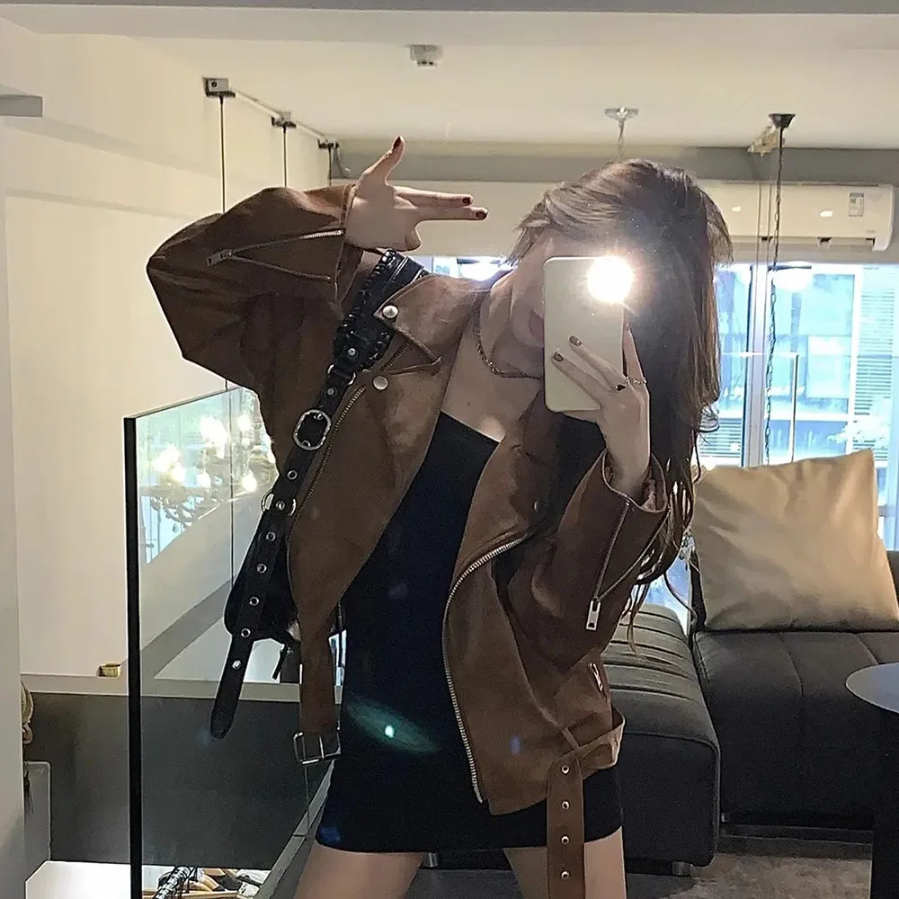 Korean Suede Jacket Women Autumn Winter New Solid Zipper Long Sleeve Fashion Leather Jackets Brown Slim Short PU Locomotive Coat