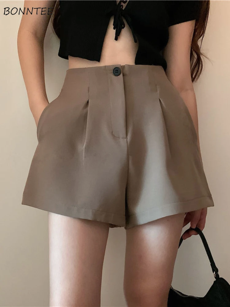 

Shorts Women Ulzzang Leisure Comfortable Classic Elegant Folds Design Solid All-match Popular Loose Streetwear Holiday Students