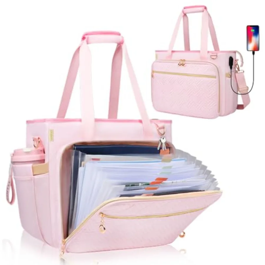 

Teacher Tote Bag with Accordion File Organizer Pocket, Soft Nylon Utility Bag with 15.6 inch Laptop Compartment and USB Port, L