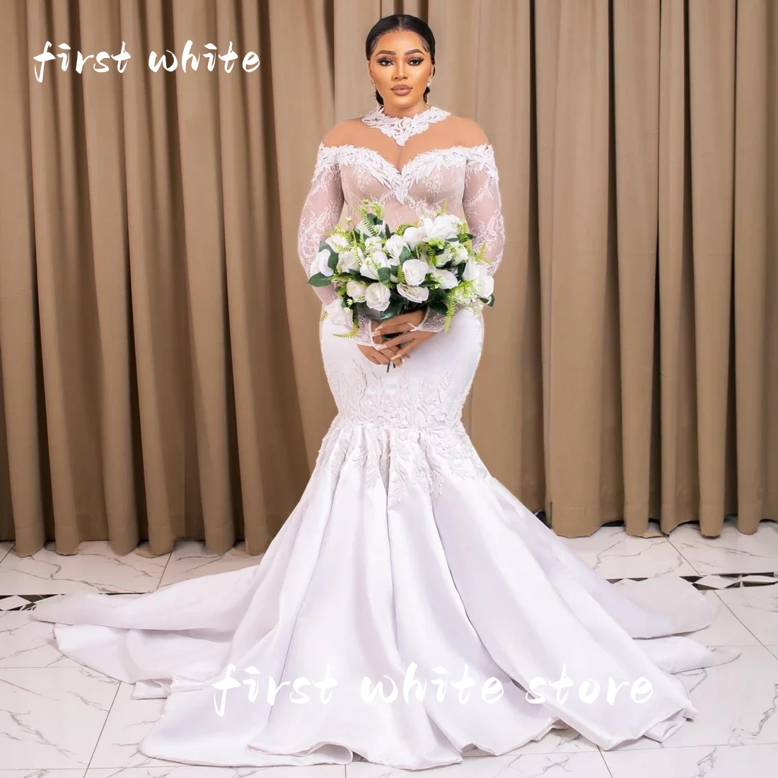 

Индивидуальное свадебное платье с высоким воротником и кружевной аппликацией в африканском стиле для невесты Robe De Mariée, винтажное свадебное платье русалки с длинными рукавами