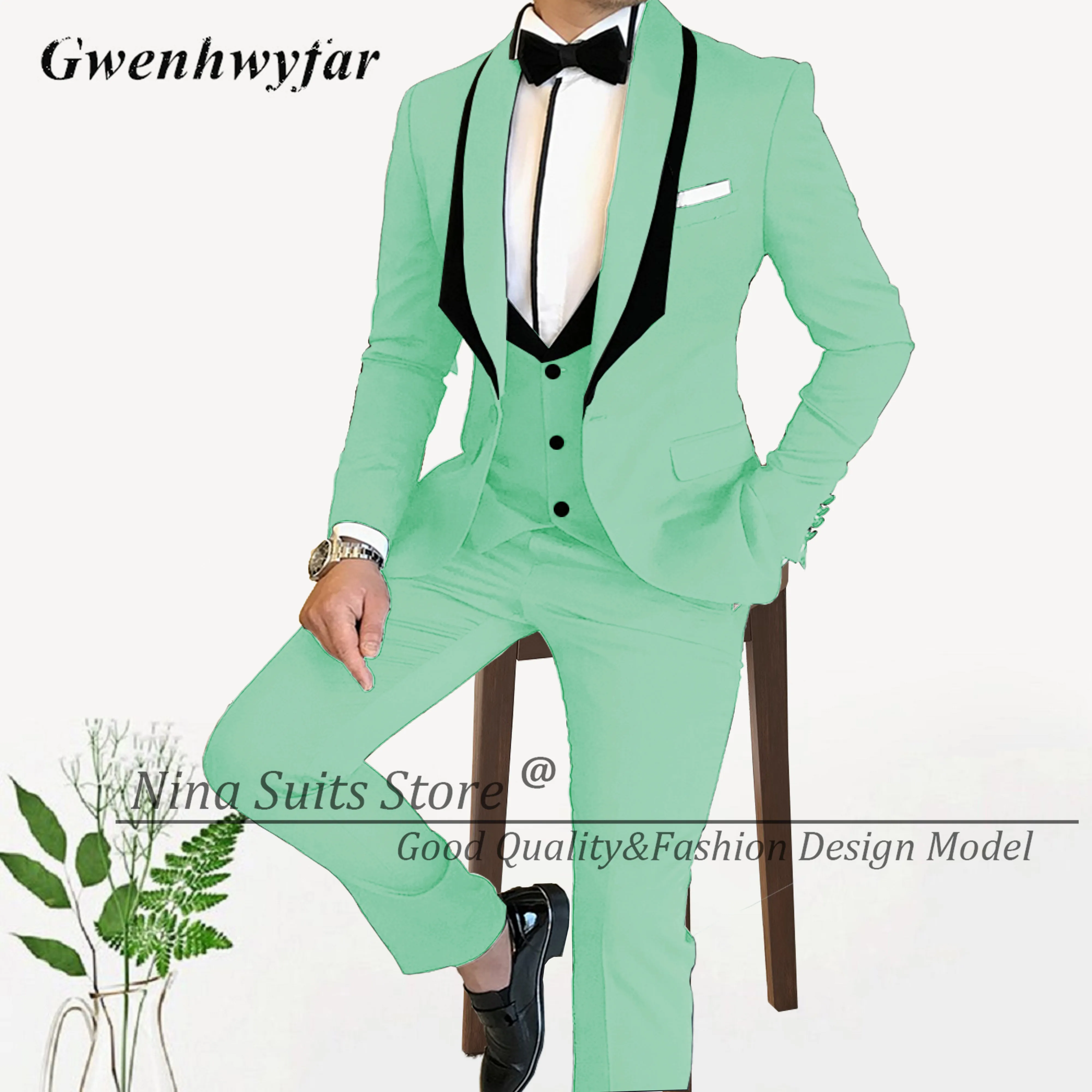 Gwenhwyfar Men's Lavender Sui Party Dresses Jacket+Pants+Vest Fashion Suits For Men Slim Fit Party Formal Occasion Dresses Homme