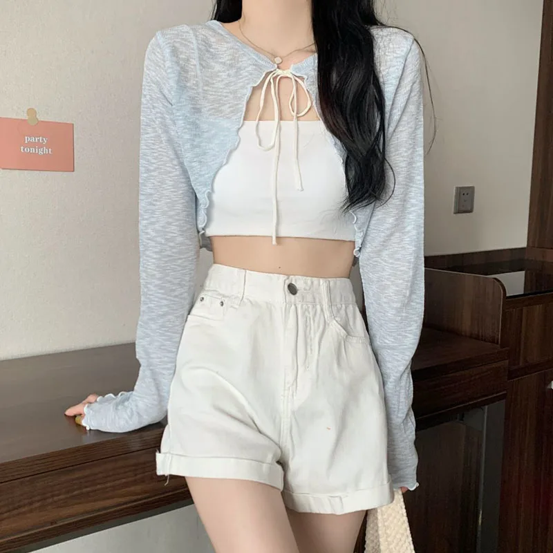 Candy Colors Sweet Thin Cardigan Women Summer All-Match Cute Sun Shading Cardigans Woman Lace Up Long Sleeve Cropped Tops 2023