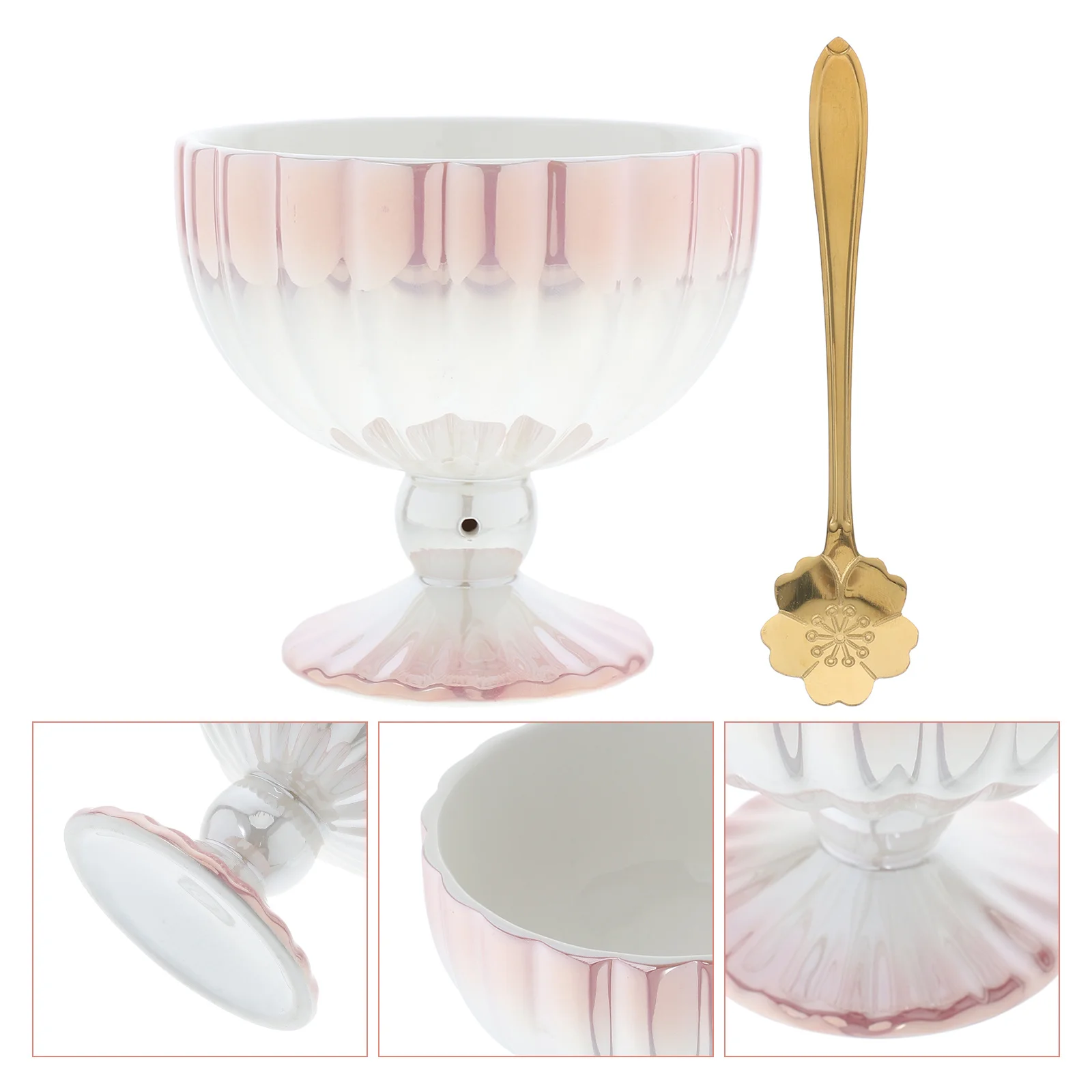 

1Set Ceramic Dessert Bowl Footed Design Spoon 340ml Capacity Ideal for Ice Cream Pudding Elegant Table Setting