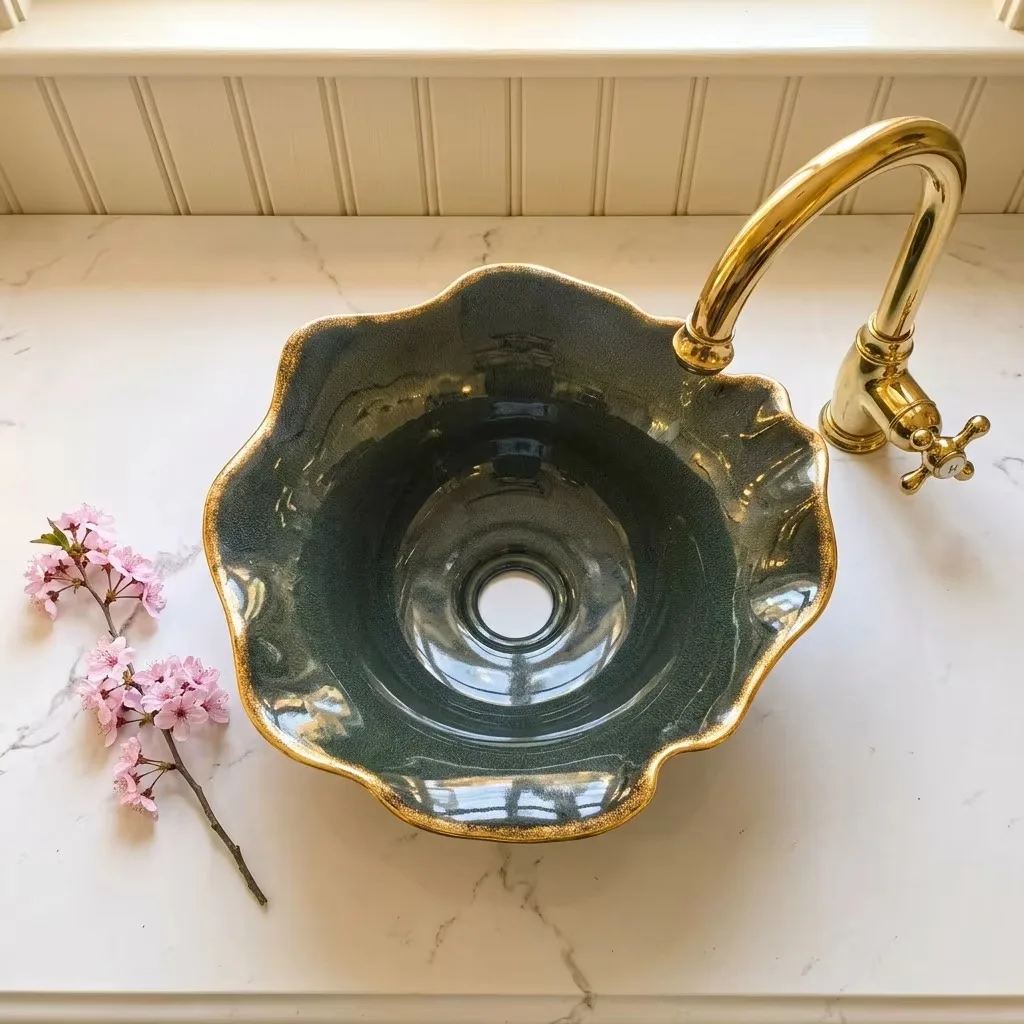 R*# Handmade Ceramic Art Sink and Flower Shaped Art Basin with Gold Glazed Edge in the Bathroom