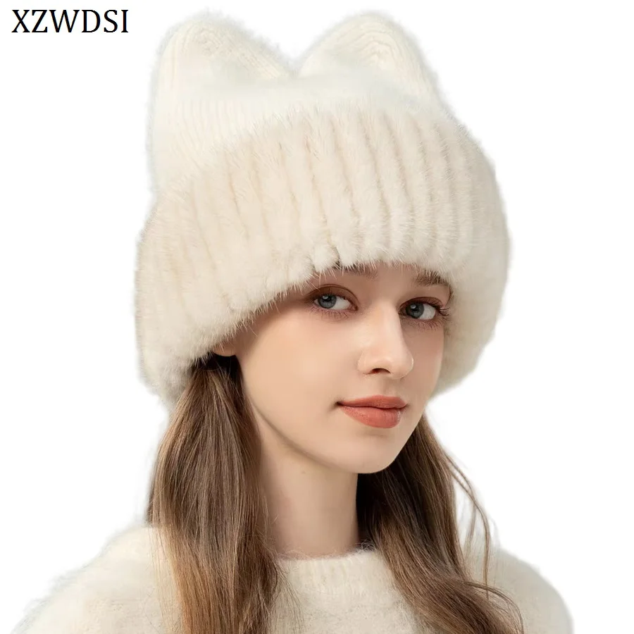 

Женская зимняя шапка из смеси кроличьей шерсти, модная вязаная шапка из натурального меха норки и милых медвежьих ушей, теплая и стильная