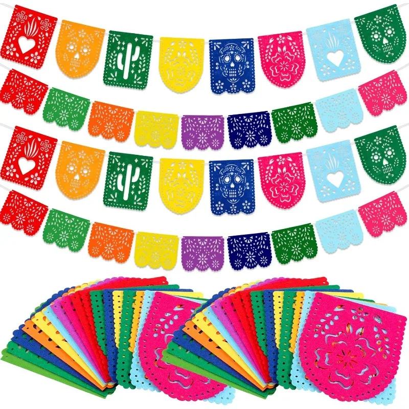 Colorido festa mexicana banner decorações papel picado feltro fiesta cactus festa de aniversário bandeiras dia de los muertos guirlanda decoração