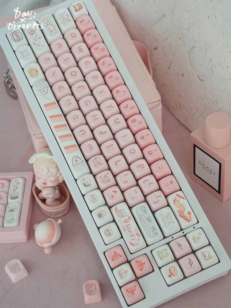 Teclado mecânico sublimado personalizado, linda aliança Keycap, Moa PBT, rosa DIY, desenhos animados brancos Keycaps, 145-chaves