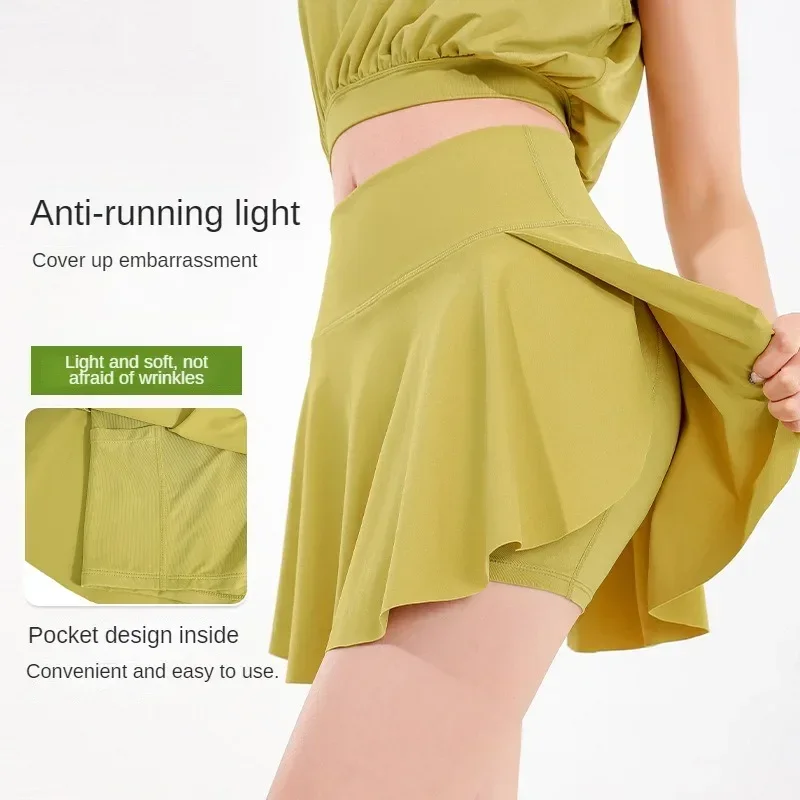 Summer high-waisted running quick-drying fitness yoga skirt anti-walking light sports fake two-piece pleated skirt