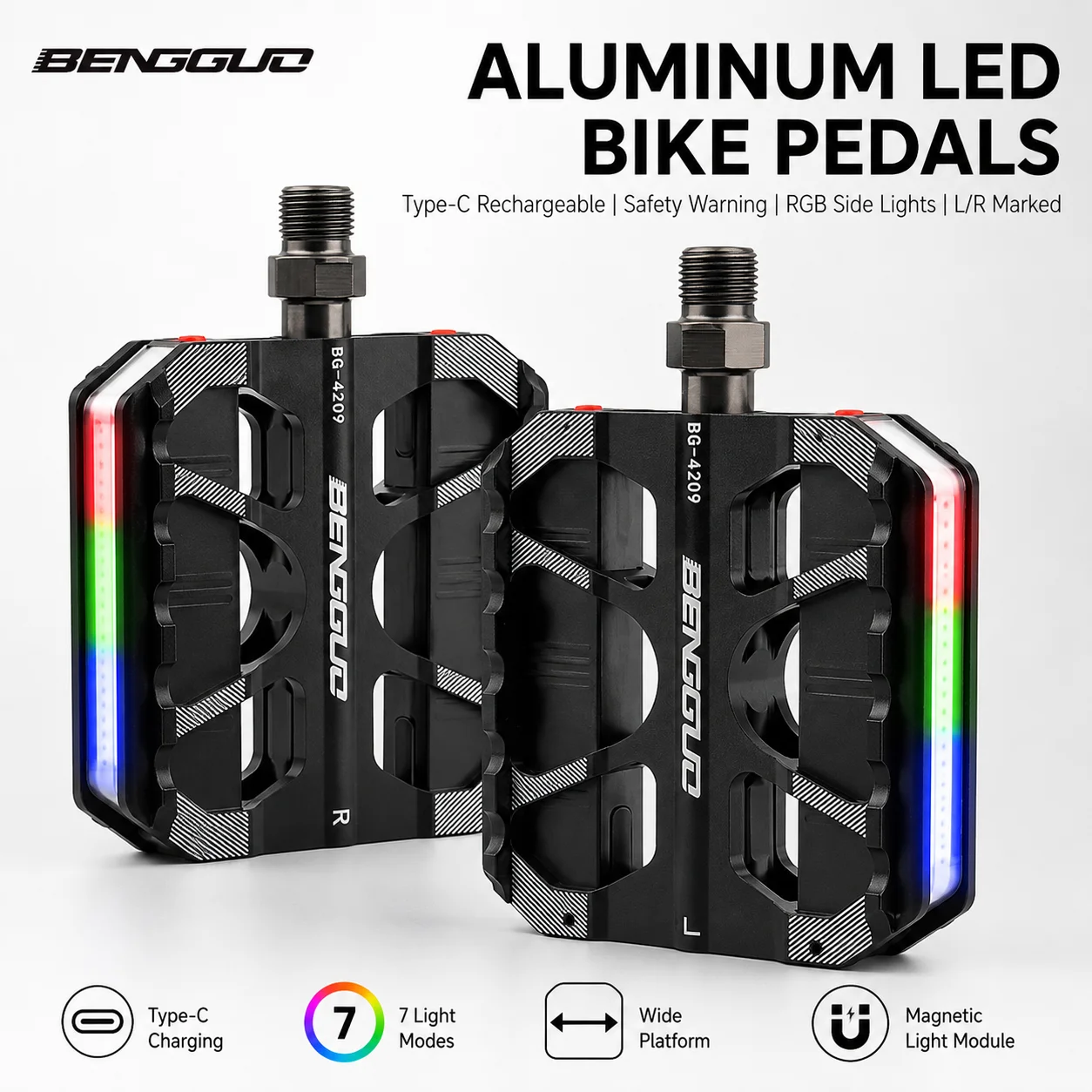 BENGGUO Aluminum Alloy LED Bike Pedals Type-C Rechargeable RGB 7 Light Modes Wide Anti-Slip Platform MTB Road City Bicycle Pedal