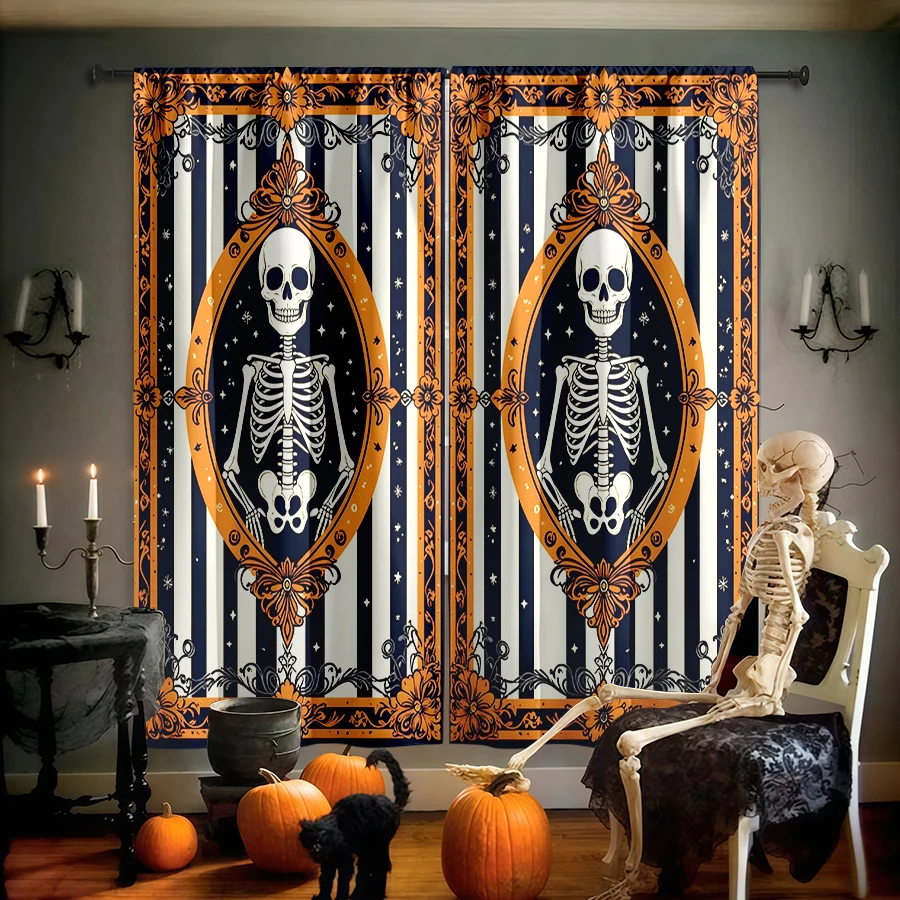 2PCS Digital Print Curtain, Skeleton Frame Ornate Stripe Orange Blue, Gothic Vintage Retro for Living Room Bedroom Decor