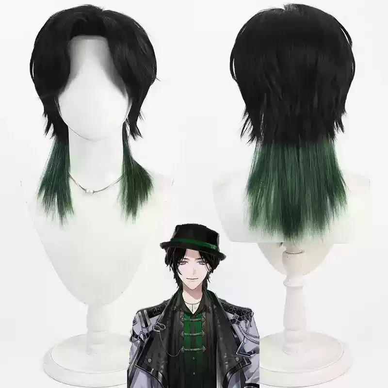 2025 aaa 니지산지 EN Vtuber Zeal Ginjoka 코스프레 가발 40cm 짧은 검정색 혼합 녹색 내열성 합성 머리카락