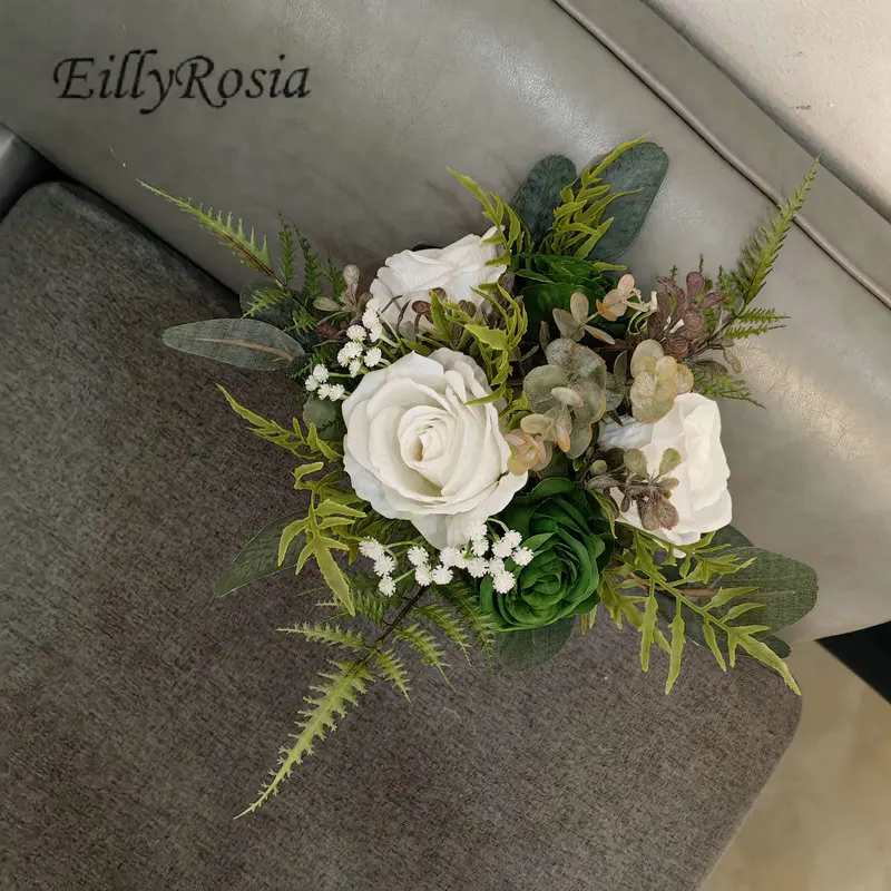 EillyRosia White Dark Green Wedding Bouquet Supplies for Ceremony Made to Order Waterfall Bride Holding Flowers Artificial