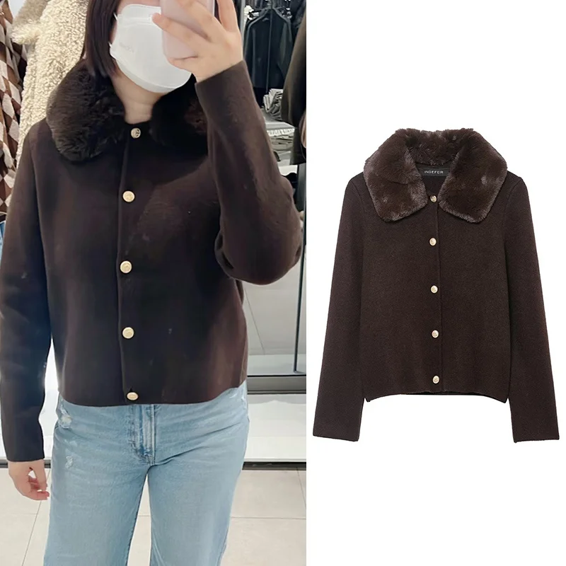 

Women's Jacket 2025 New Fashion Autumn Winter Dark Brown Long-Sleeve Faux Fur Collar Knit Cardigan Jacket