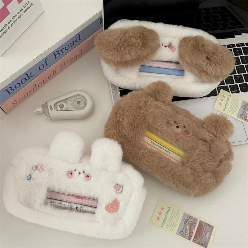 Cute Cartoon Animals Plush Pen Bags Large Capacity Cosmetic Storage Bag Kawaii Girl Portable Pencil Case Stationery Supply Gifts