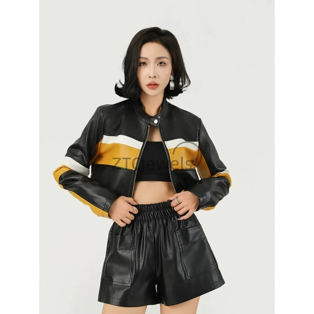 

Женская модная укороченная куртка-косуха в стиле панк с цветными вставками, на молнии, с заклепками, из искусственной кожи, для женщин
