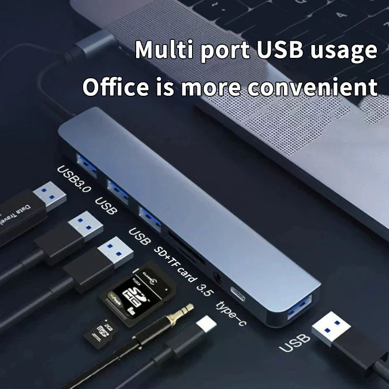 8 In 1 USB Type C HUB Docking Station With 3.5mm Audio Jack Adapter Micro TF  Card Reader For  Laptops Tablet Phone