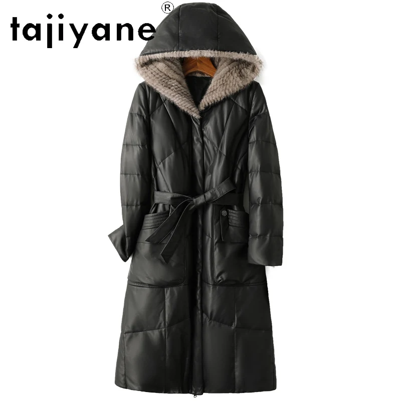 TAJIYANE 100% أعلى الحبوب جلد الغنم أوزة أسفل معطف امرأة جلد طبيعي سترة طويلة منفوخة مع قبعة فرو المنك 2025 الملابس الشتوية
