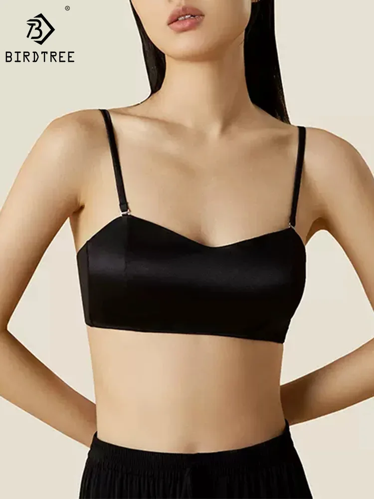 BirdTree Silk Lining Wire Free Soft Bra, Women Satin Silky, Sexy Comfortable Underwear, 2025 Spring Summer New P42854QM